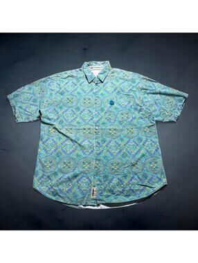 Vintage Y2K Quiksilver Pattern Button Up Shirt Teal Blue Geometric Large Surfer